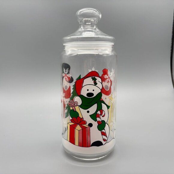 Vintage Glass Christmas Jar with Snowman Design and Lid Holiday Kitchen Storage - Picture 1 of 5